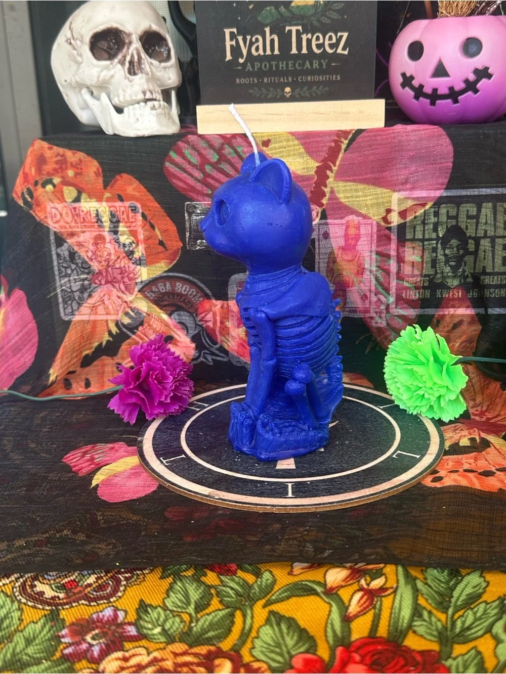 Handmade Blue Skeleton Cat Candle – Gothic Cat Figurine Candle